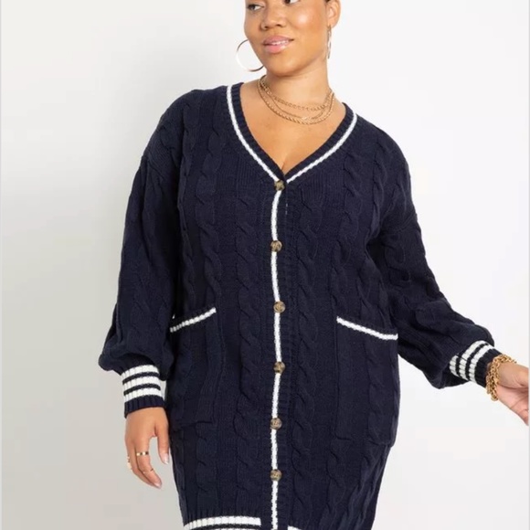 Eloquii Cardigan Sweater Dress with Stripe Detail. Effortless and chic. - Picture 2 of 6